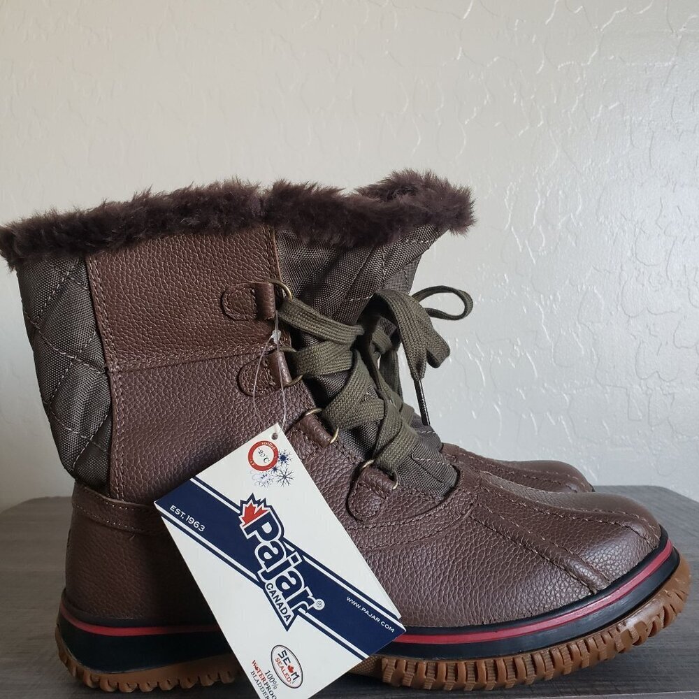 Pajar Canada Leather Waterproof Duck Boots Faux Fur Lined Brown Womens 8-8.5 NEW